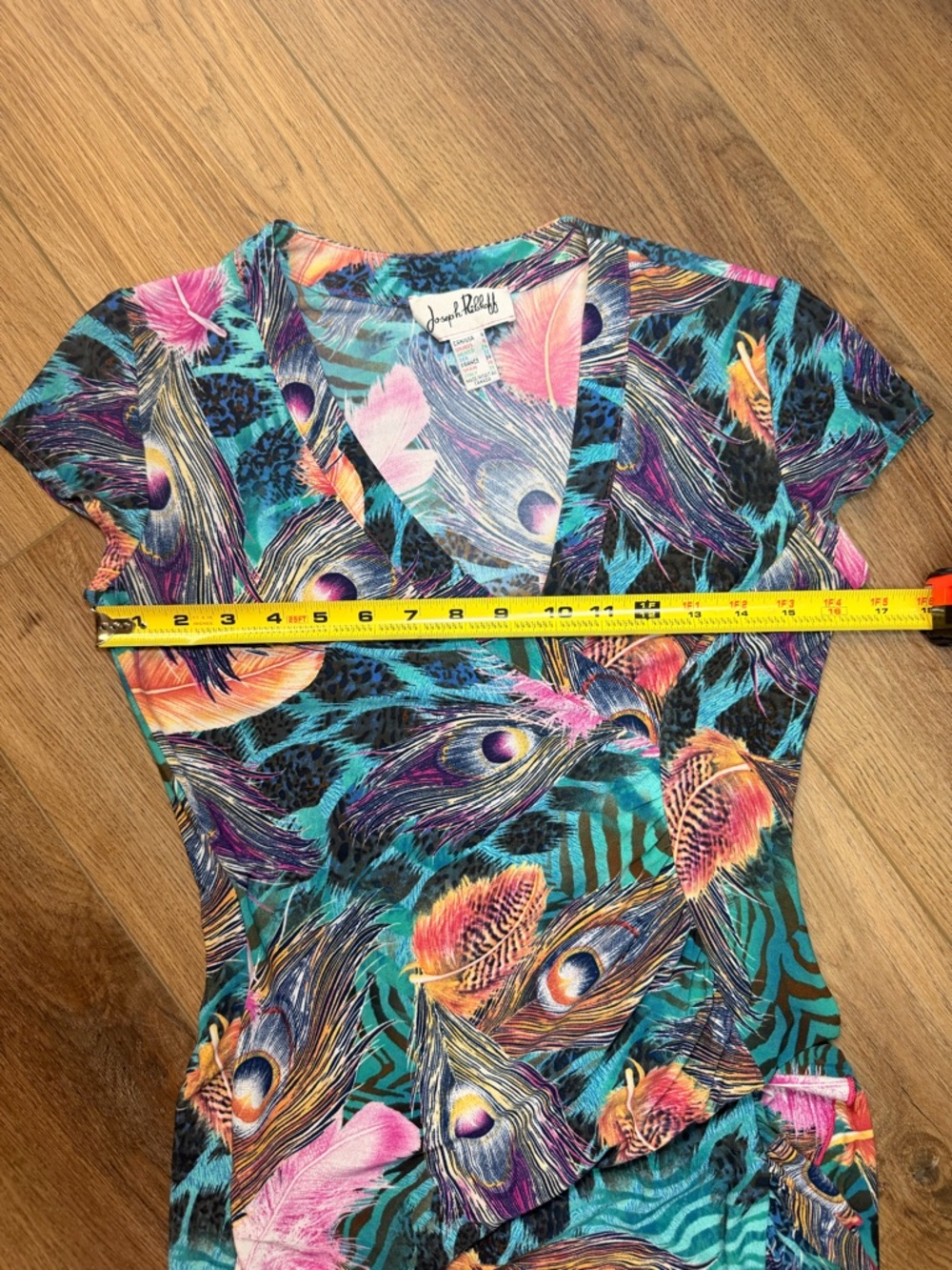 Joseph Ribkoff Faux Wrap Dress Peacock Print Ruffle Hem‎ Stretch Midi Colorful - Picture 12 of 15